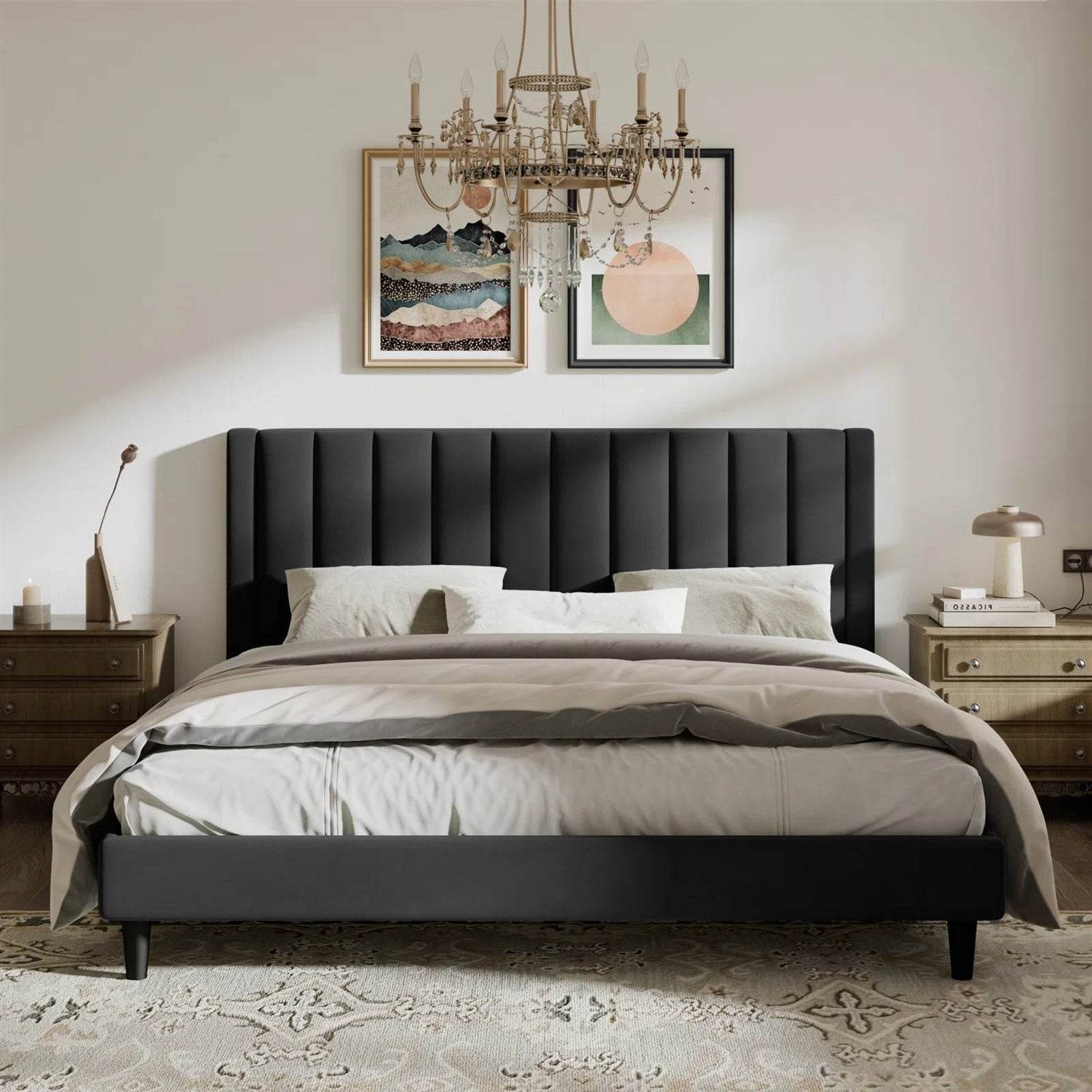 King size Black Velvet Upholstered Platform Bed Frame with Headboard - Metromarketstore