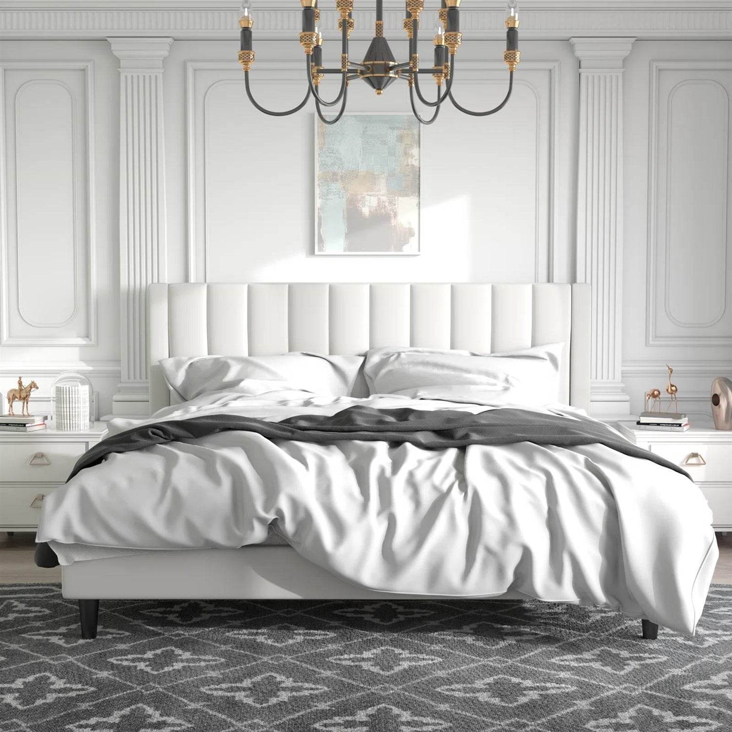 King size White Velvet Upholstered Platform Bed Frame with Headboard - Metromarketstore