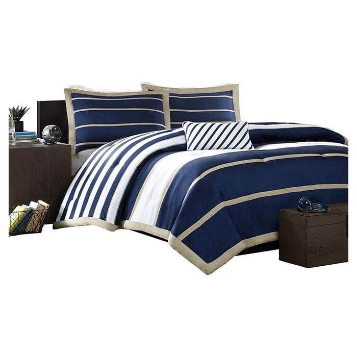 Full / Queen size Comforter Set in Navy Blue White Khaki Stripe - Metromarketstore