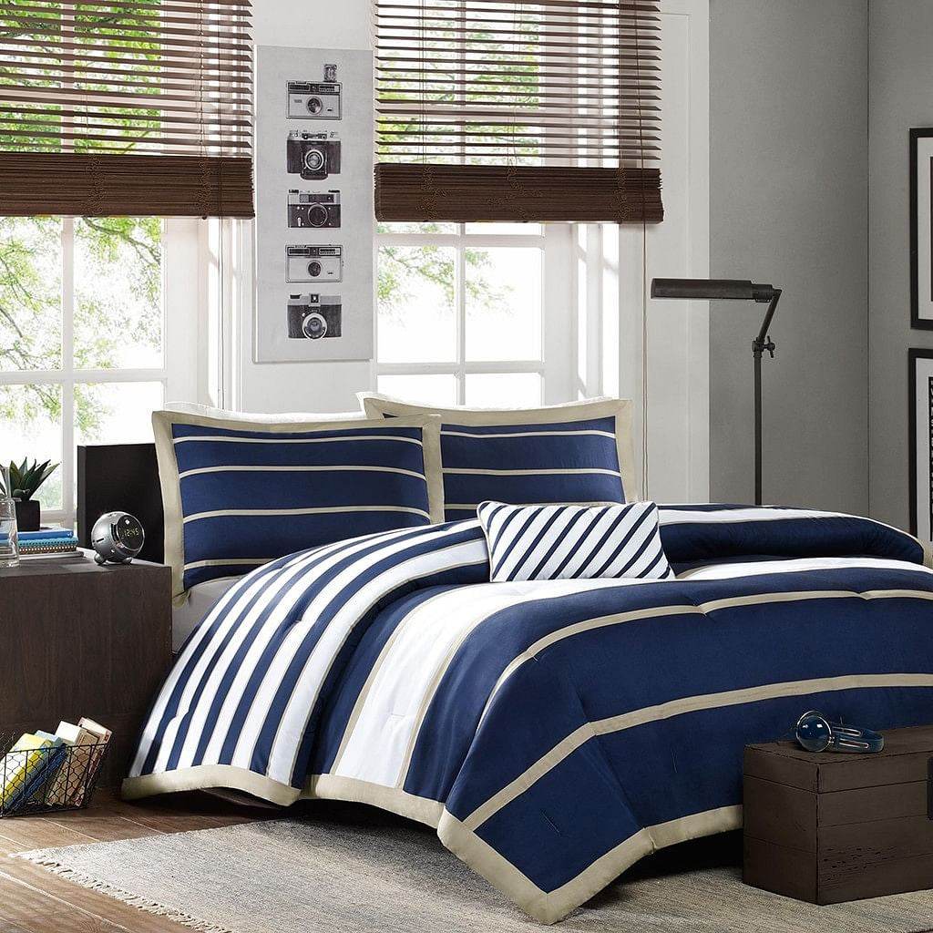 Full / Queen size Comforter Set in Navy Blue White Khaki Stripe - Metromarketstore
