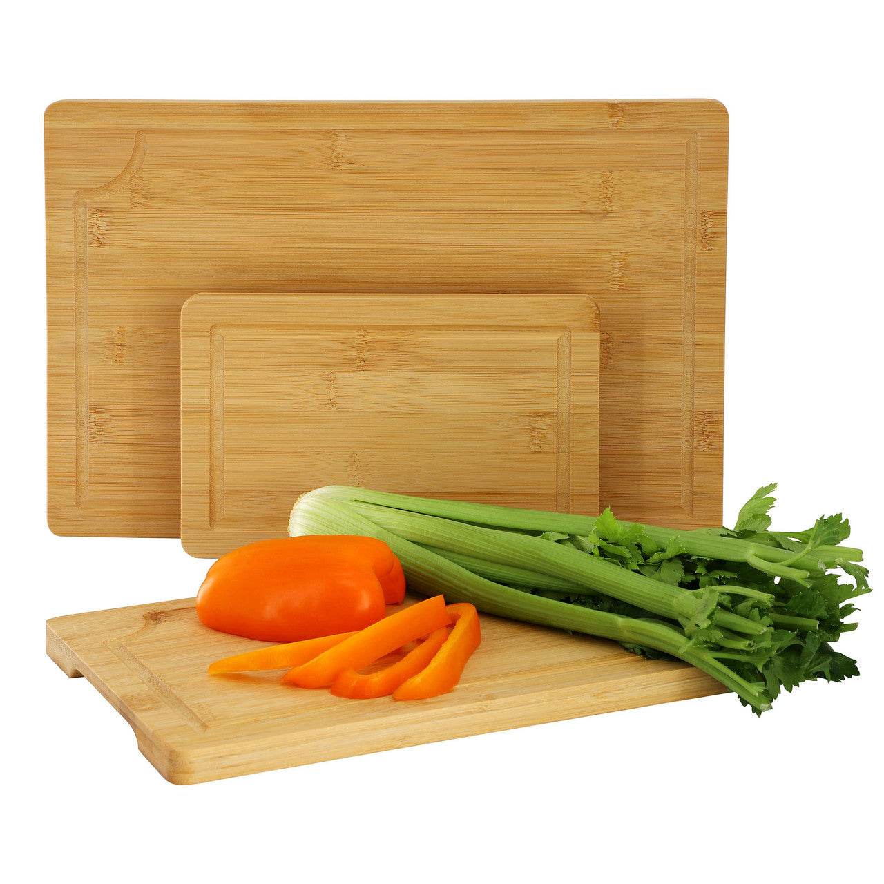 MegaChef 3 Piece 9 Inch, 12 Inch, and 15 Inch Bamboo Wood Cutting Board Set with Juice Grooves - Metromarketstore