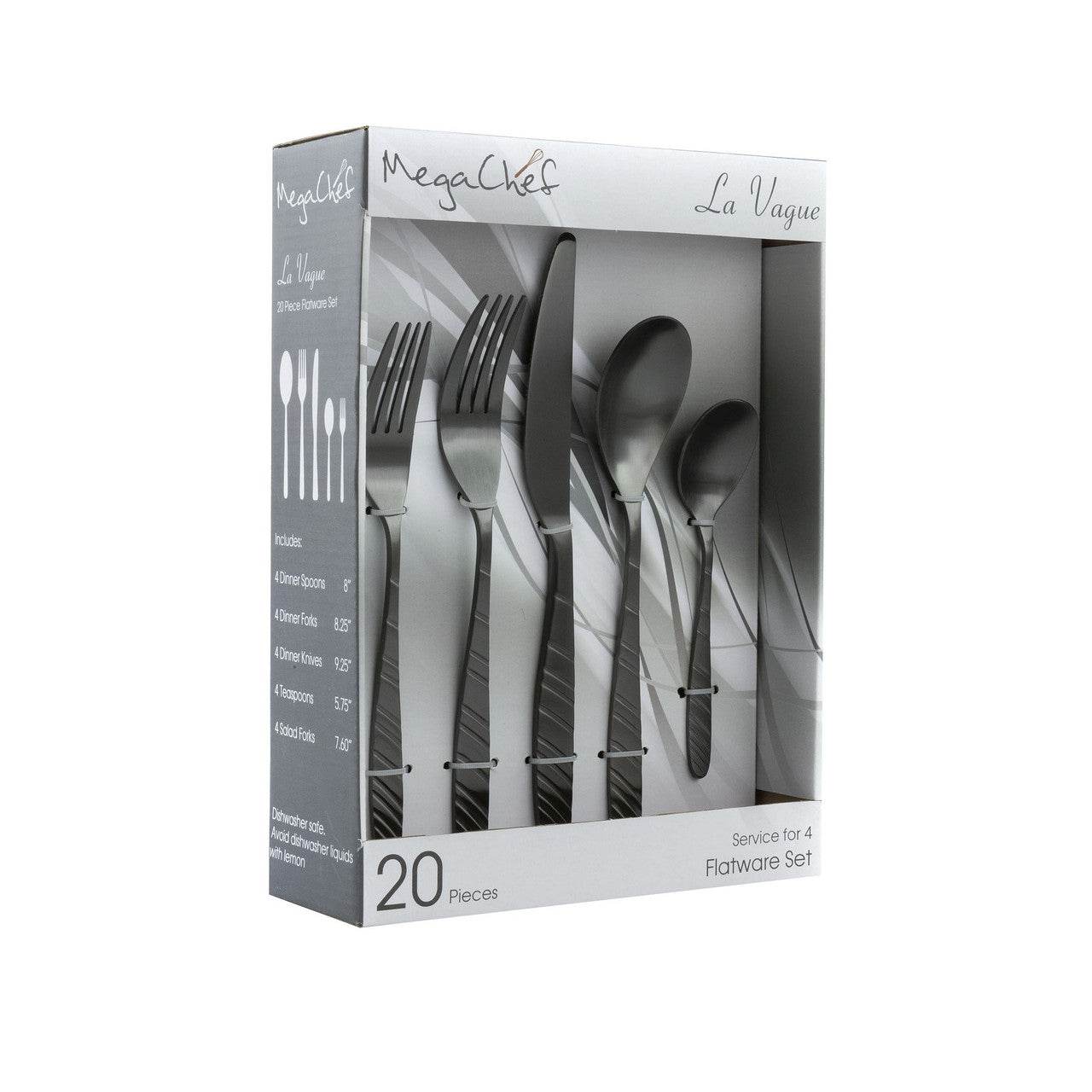 MegaChef La Vague 20 Piece Flatware Utensil Set, Stainless Steel Silverware Metal Service for 4 in - Metromarketstore