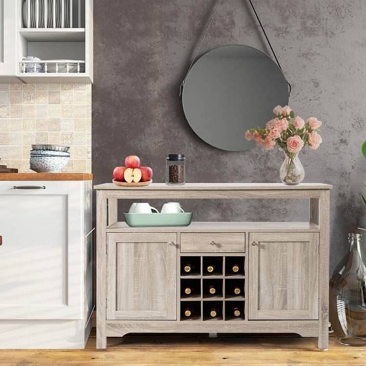 Grey Wood Sideboard Buffet Server Cabinet with Wine Rack and Storage Shelf - Metromarketstore