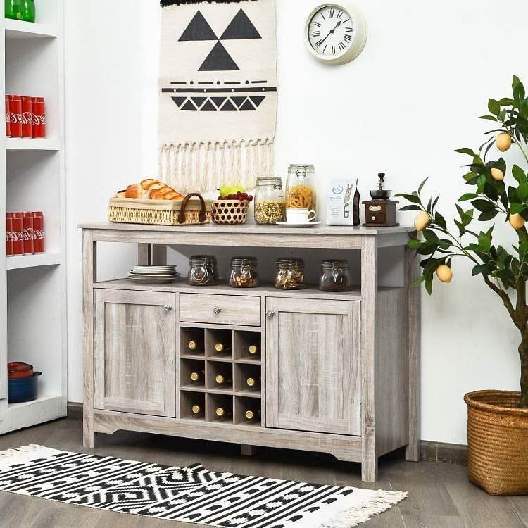 Grey Wood Sideboard Buffet Server Cabinet with Wine Rack and Storage Shelf - Metromarketstore