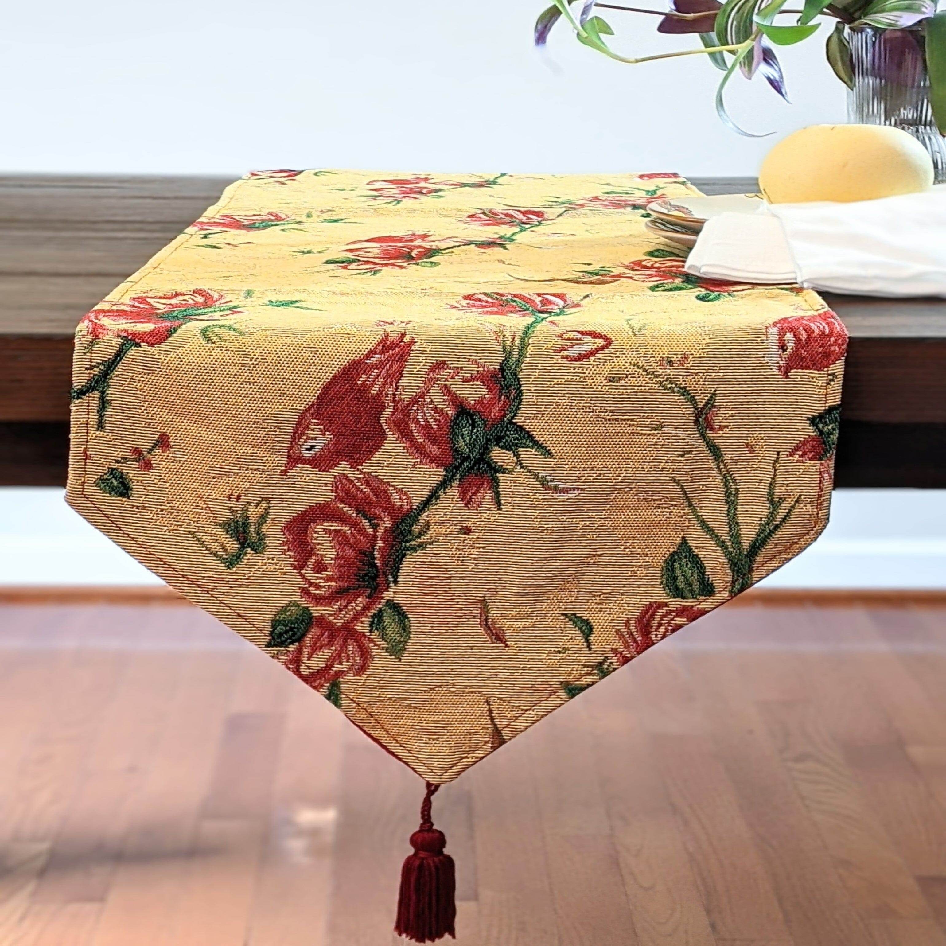 Tache Floral Red Roses Hummingbirds Golden Woven Tapestry Table Runner - Metromarketstore