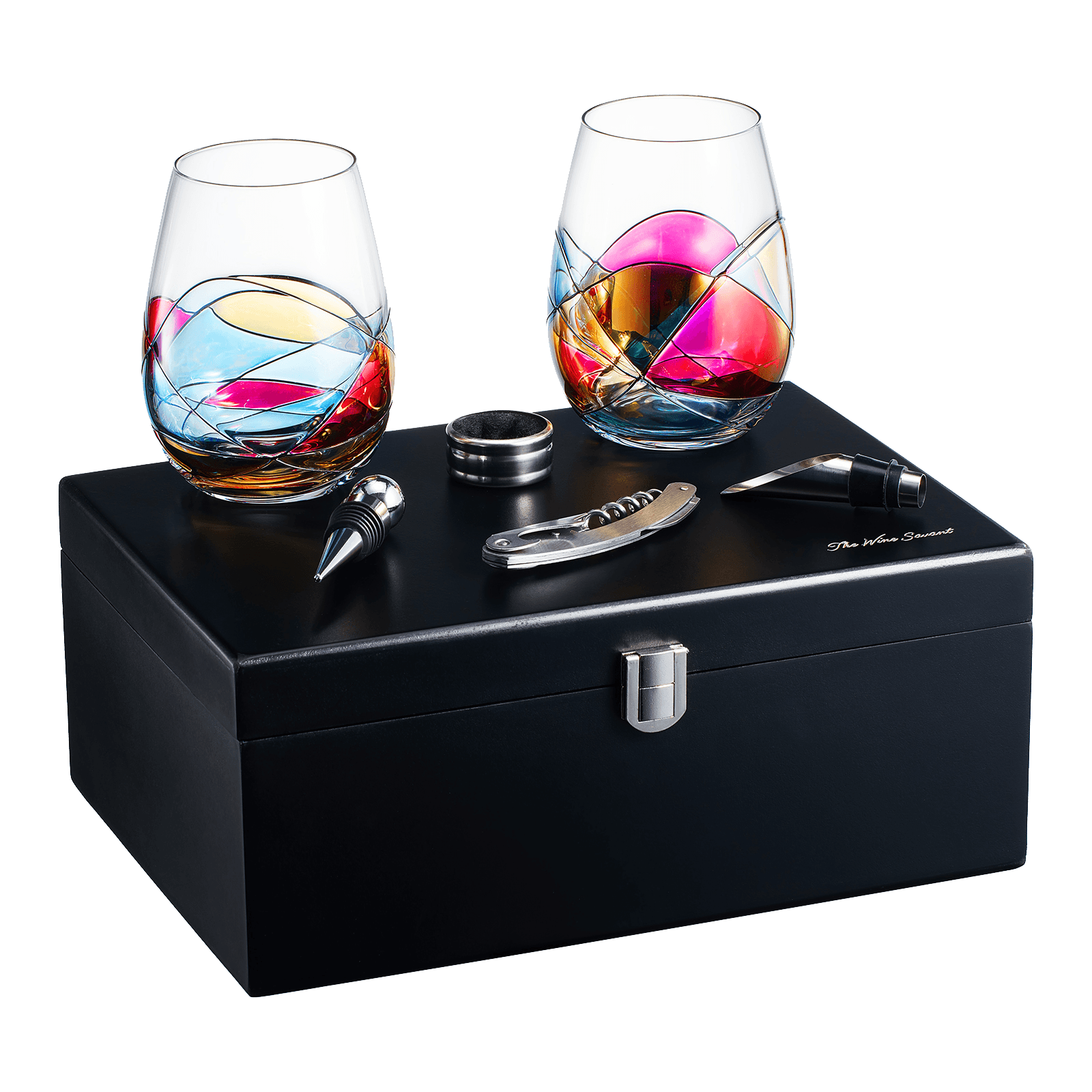 Painted STEMMLESS Wine Glass Box Set - Opener, Stopper, drip Ring, Wine Pourer - 2 Glasses - Metromarketstore
