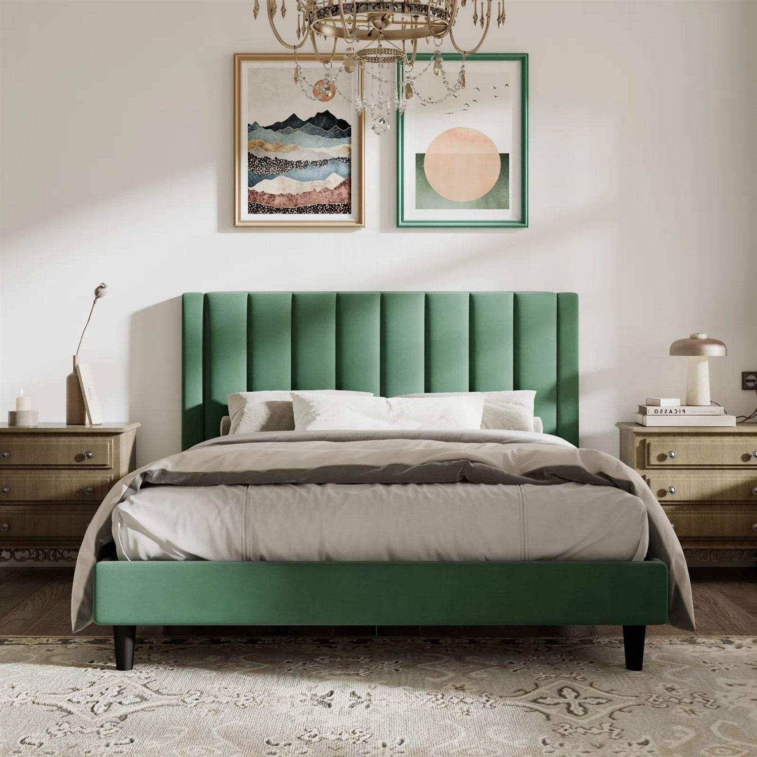 Queen size Green Velvet Upholstered Platform Bed Frame with Headboard - Metromarketstore