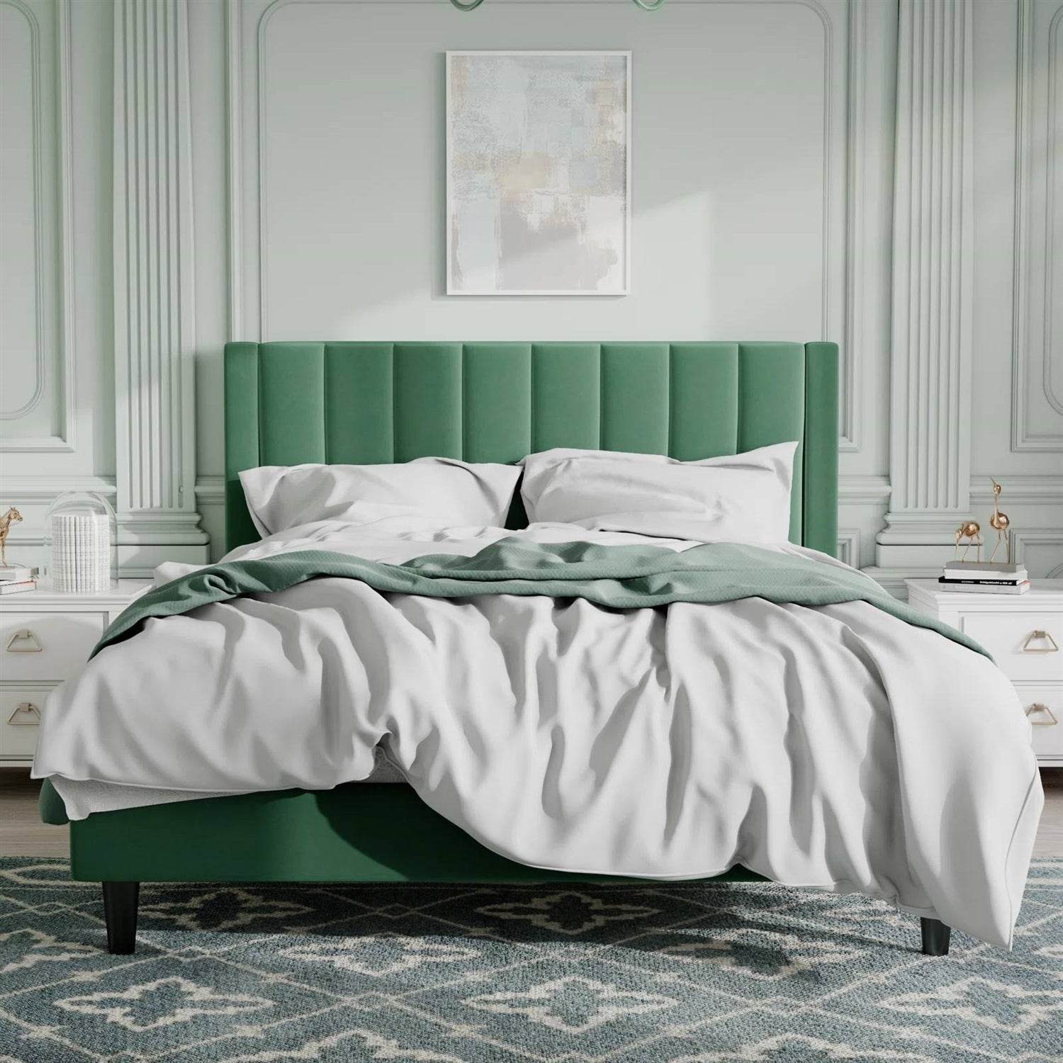 Queen size Green Velvet Upholstered Platform Bed Frame with Headboard - Metromarketstore