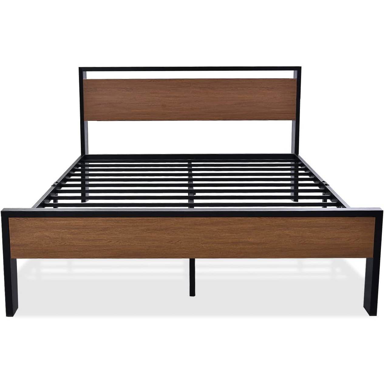 Queen Metal Platform Bed with Walnut Finish Wood Panel Headboard Footboard - Metromarketstore