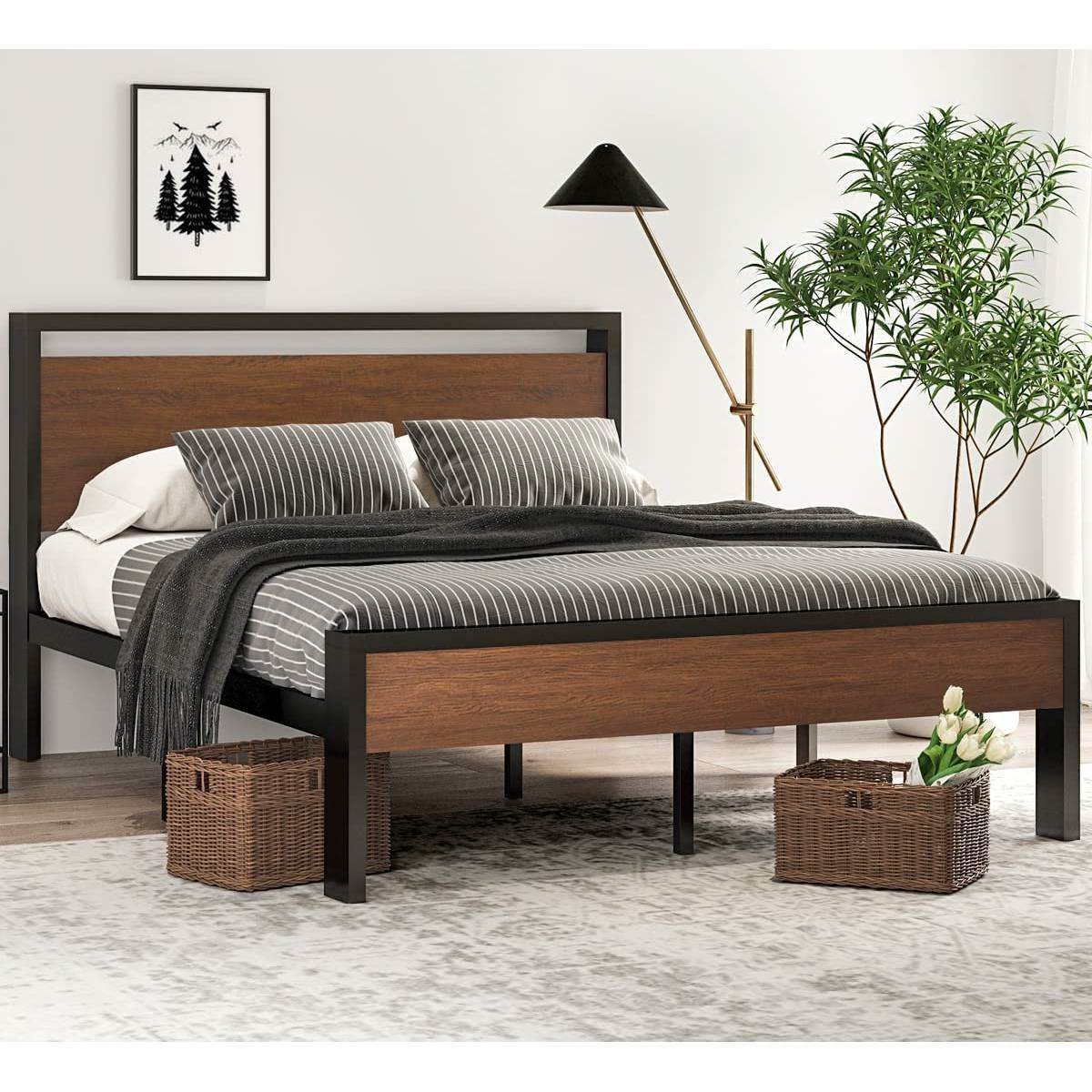 Queen Metal Platform Bed with Walnut Finish Wood Panel Headboard Footboard - Metromarketstore