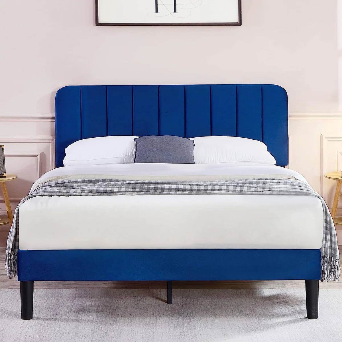 Queen size Blue Upholstered Platform Bed Frame with Headboard - Metromarketstore