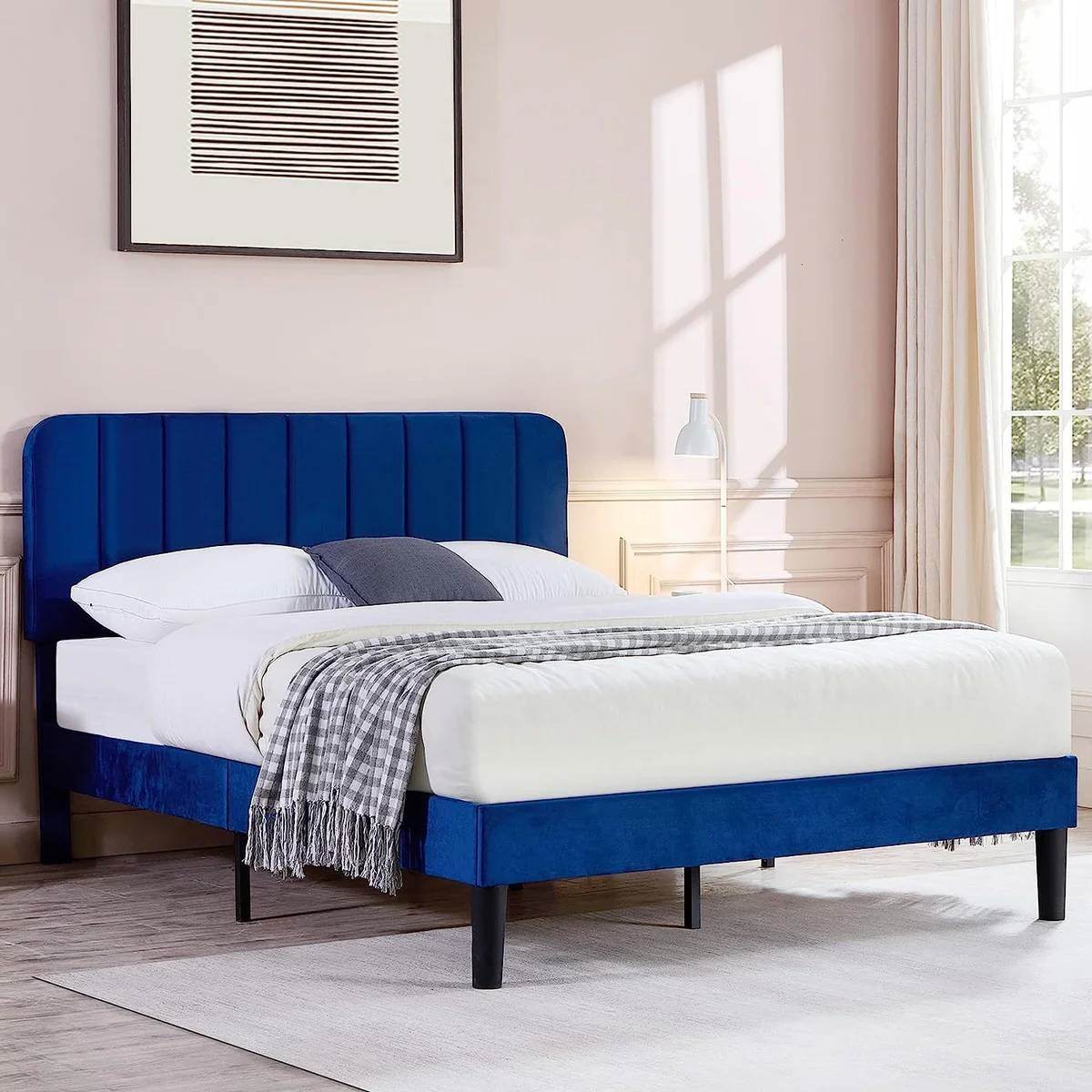 Queen size Blue Upholstered Platform Bed Frame with Headboard - Metromarketstore