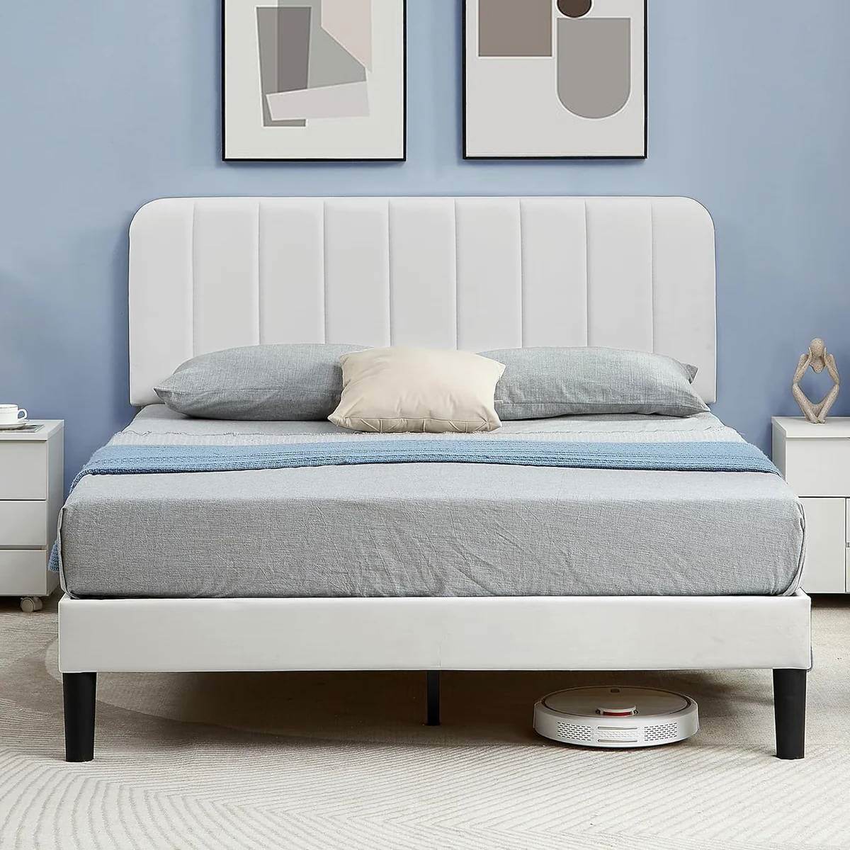 Queen size White Upholstered Platform Bed Frame with Headboard - Metromarketstore