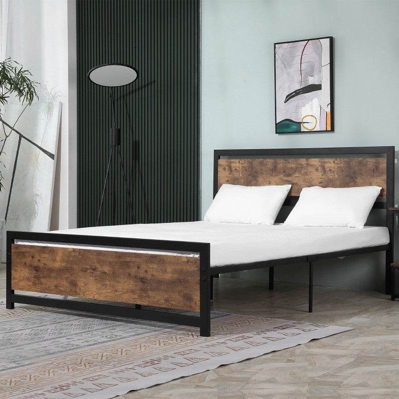 Queen Size FarmHouse Metal Wood Platform Bed Headboard Footboard - Metromarketstore
