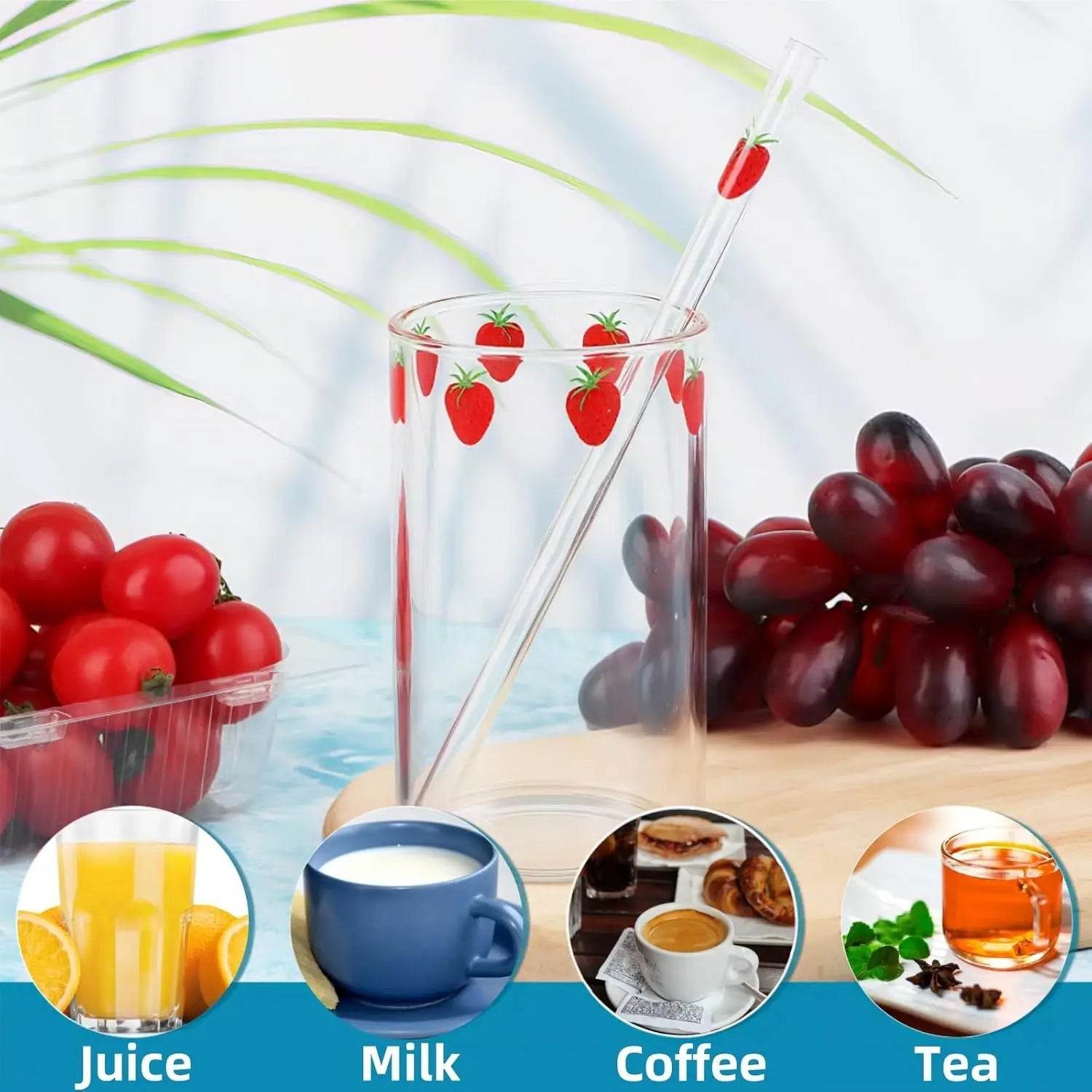 4 Sets Strawberry Cups, 300ML Clear Small Glass Strawberry Drinking Cups with 4 Pieces and Straws - Metromarketstore