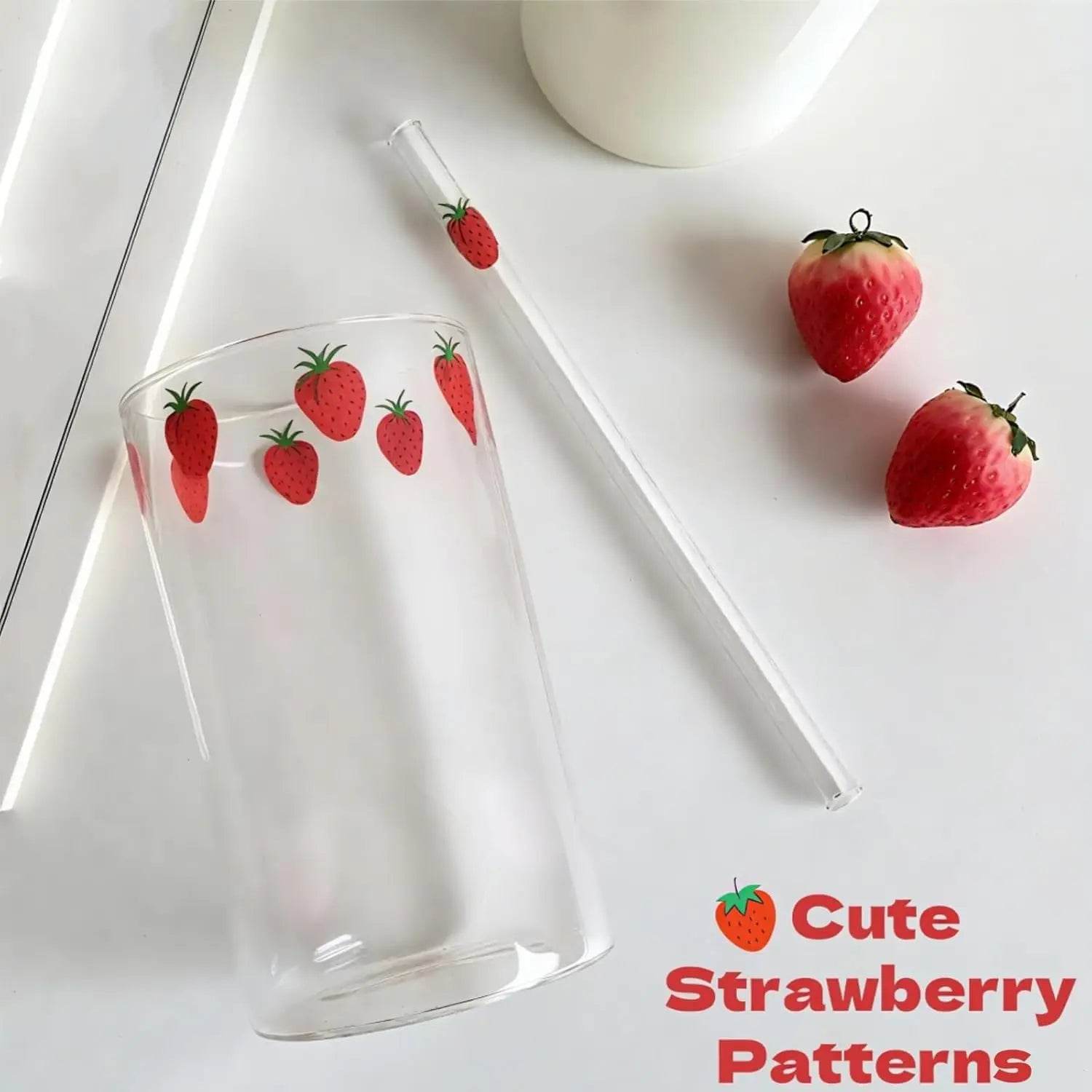 4 Sets Strawberry Cups, 300ML Clear Small Glass Strawberry Drinking Cups with 4 Pieces and Straws - Metromarketstore