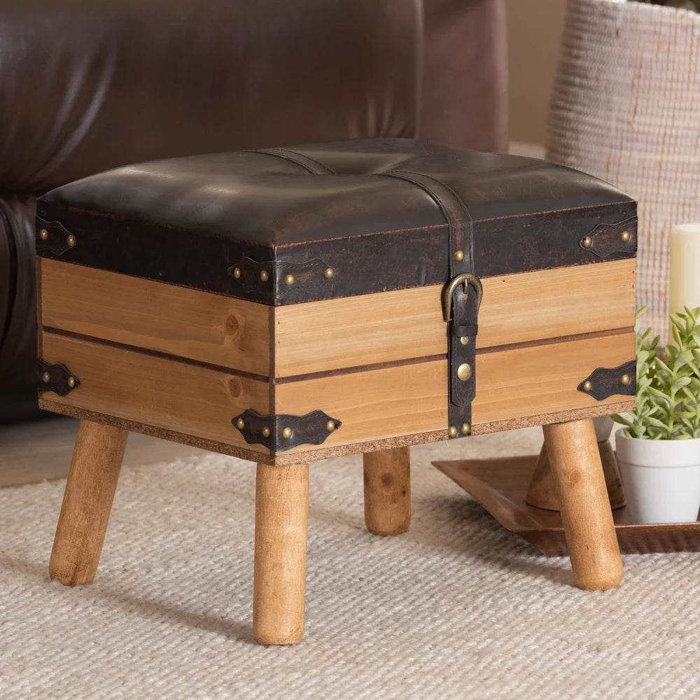 Rustic PU Leather Storage Ottoman Lift Top Brown Oak Wood - Metromarketstore