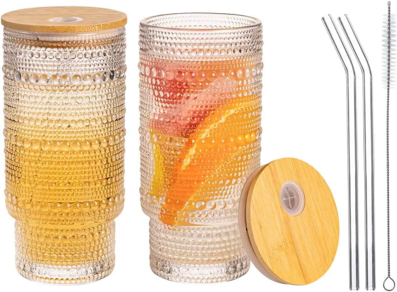Drinking Glasses with Bamboo Lids and Glass Straw 2pcs Set,16oz Glass - Metromarketstore