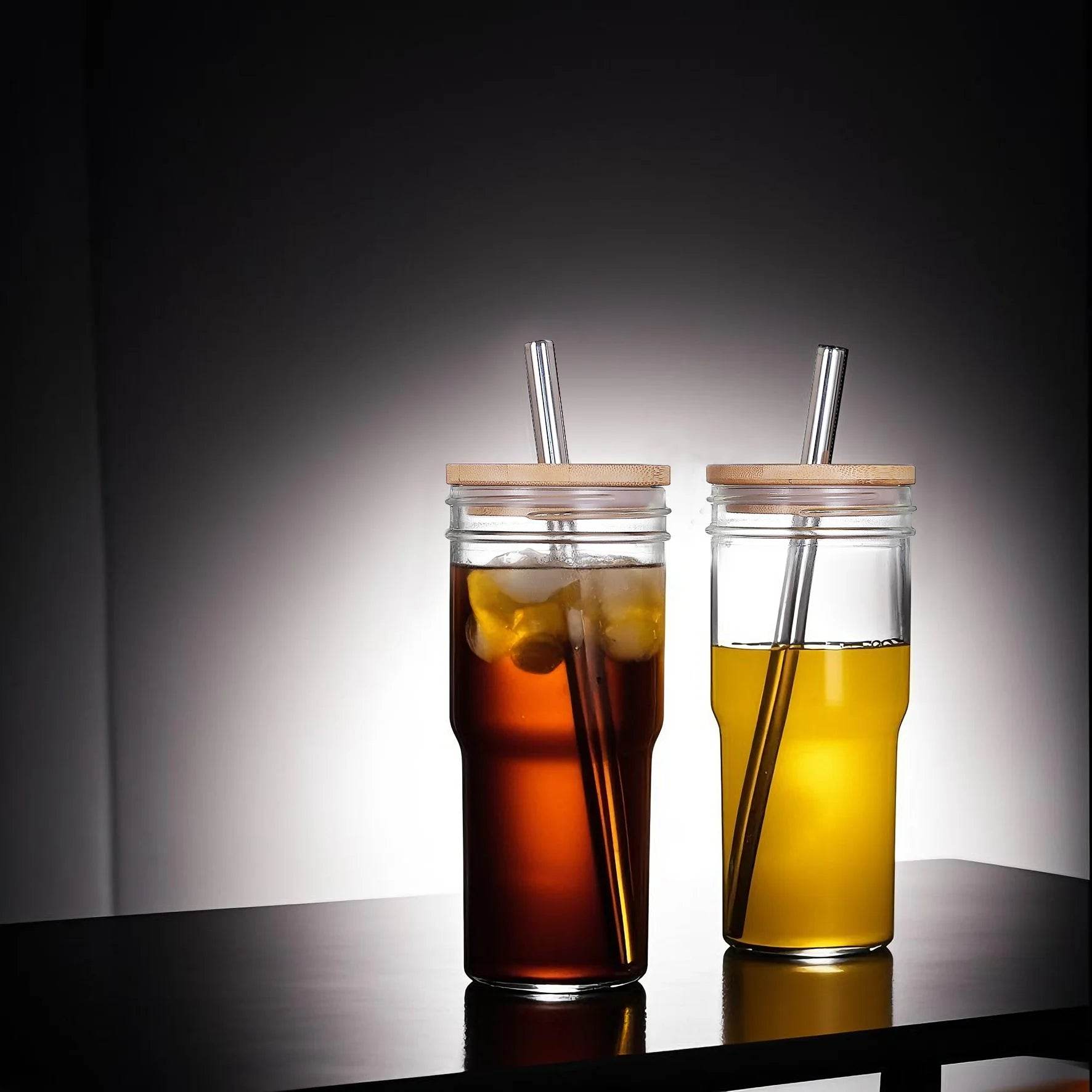 2pcs 24oz Reusable Iced Coffee Cups, Wide Mouth Glass with Bamboo Lid and Straw, Mason Jar - Metromarketstore