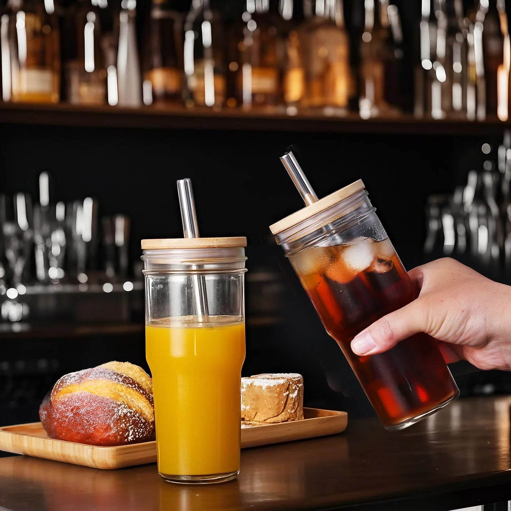 2pcs 24oz Reusable Iced Coffee Cups, Wide Mouth Glass with Bamboo Lid and Straw, Mason Jar - Metromarketstore