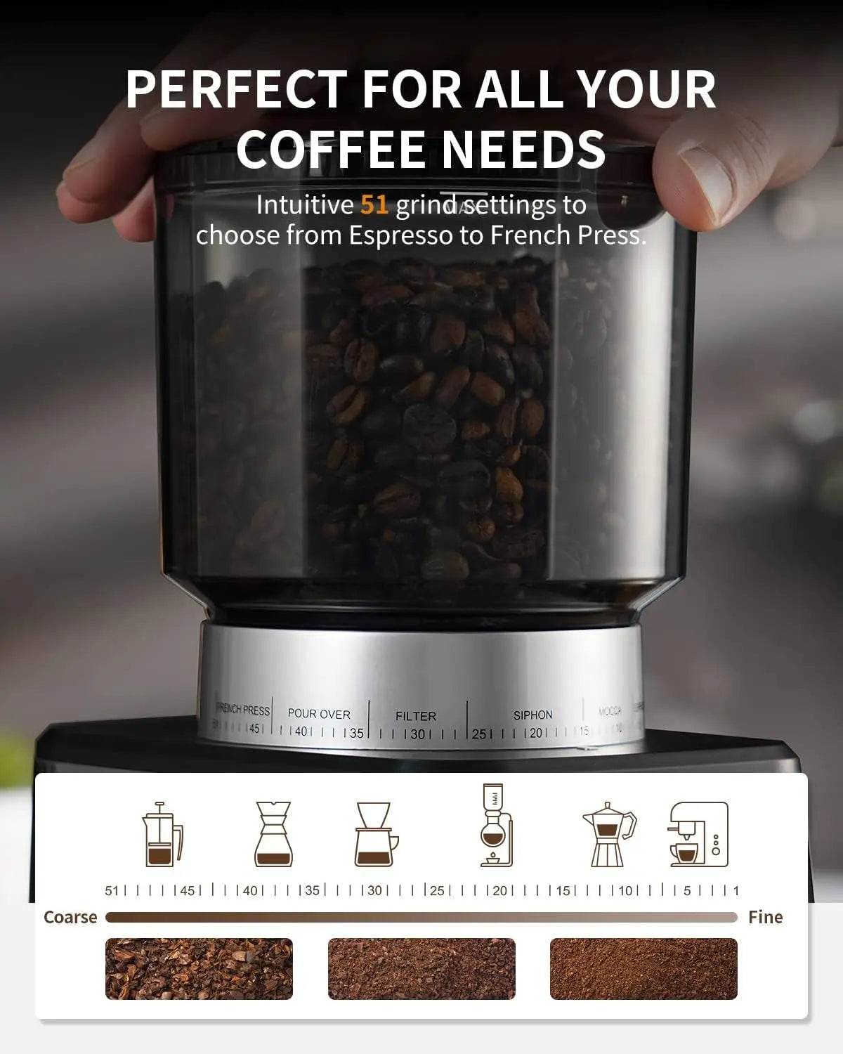 Conical Burr Espresso Coffee Grinder Electric with Precision Timer 2.0,Touchscreen Adjustable Burr Mill with 51 Precise Settings - Metromarketstore