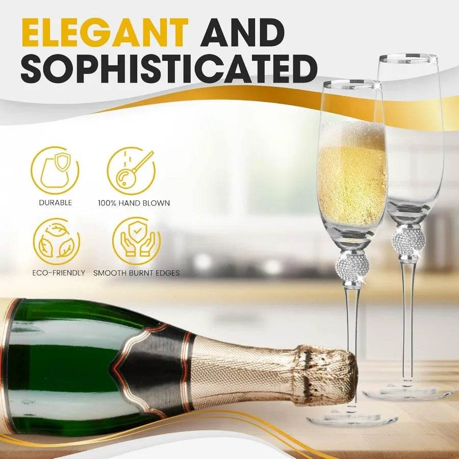 Elegant Crystal Champagne Flutes with Silver Rim and Sparkling Rhinestone Accents - Metromarketstore