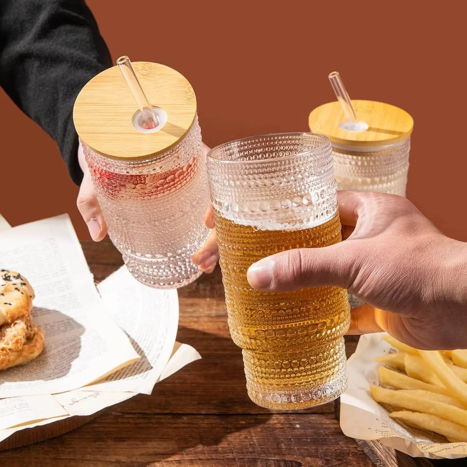 Drinking Glasses with Bamboo Lids and Glass Straw 2pcs Set,16oz Glass - Metromarketstore