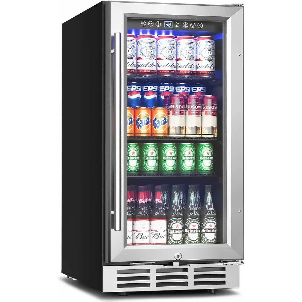 15 Inch Beverage Refrigerator Under Counter - 126 Cans Beverage Fridge with Glass Door for Beer Wine Soda - Built-in - Metromarketstore