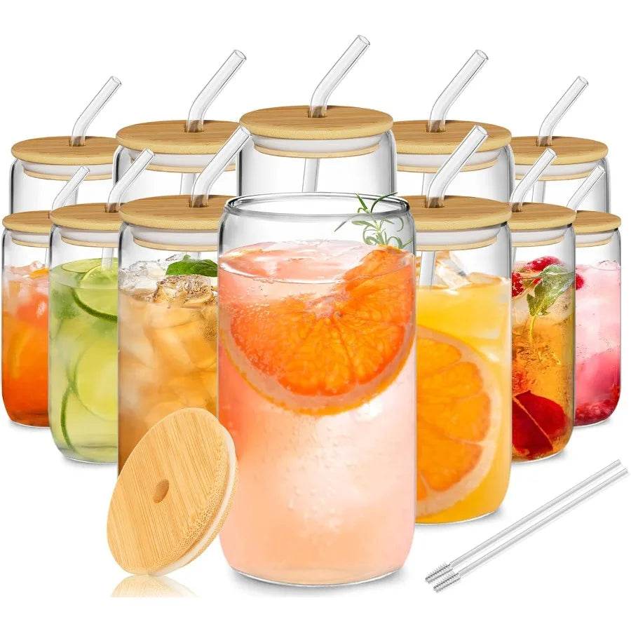 12Pcs Glass Cups with Lids and Straws 16oz - Metromarketstore