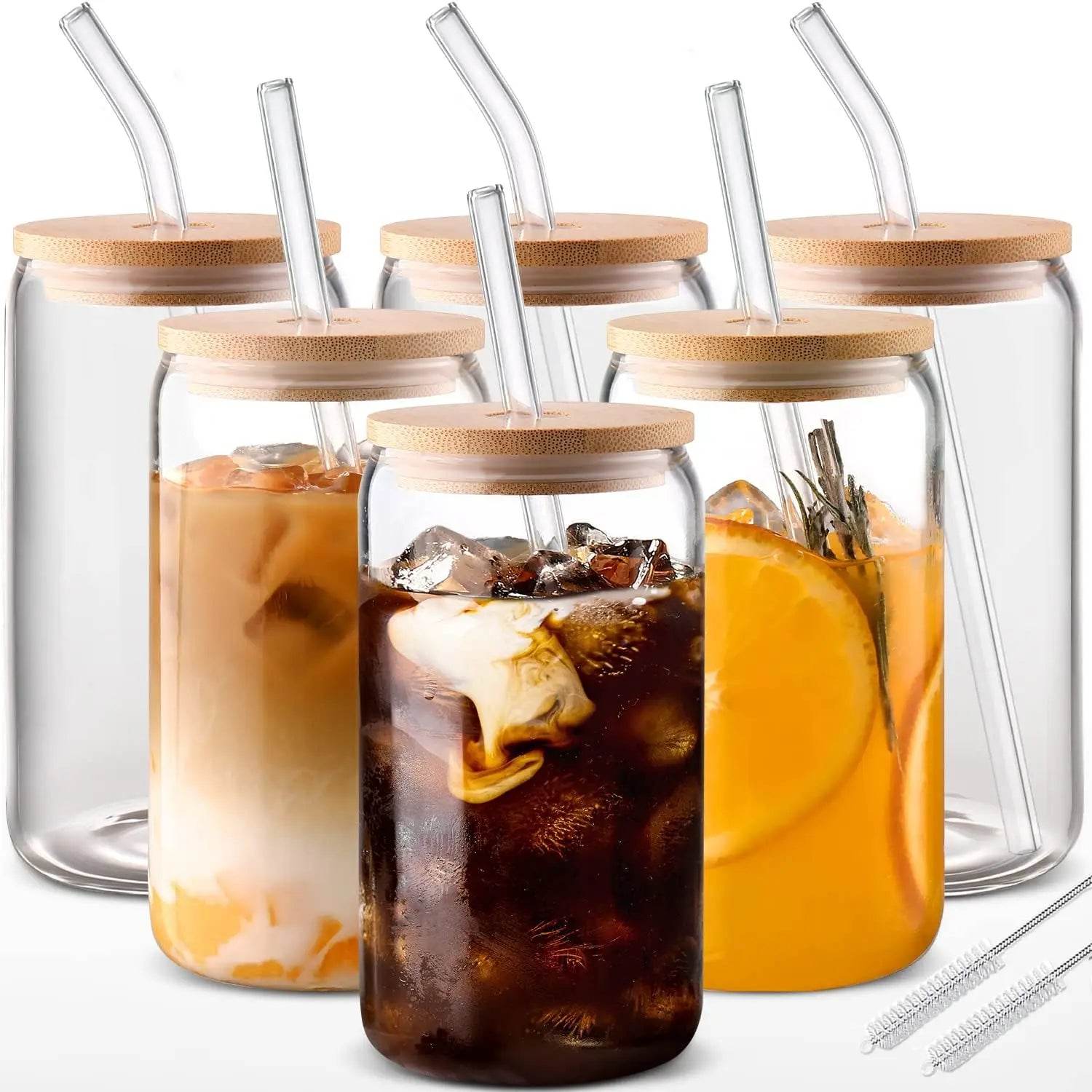 6pcs 18.6oz/550ml Drinking Glasses with Bamboo Lids and Glass Straw - Metromarketstore