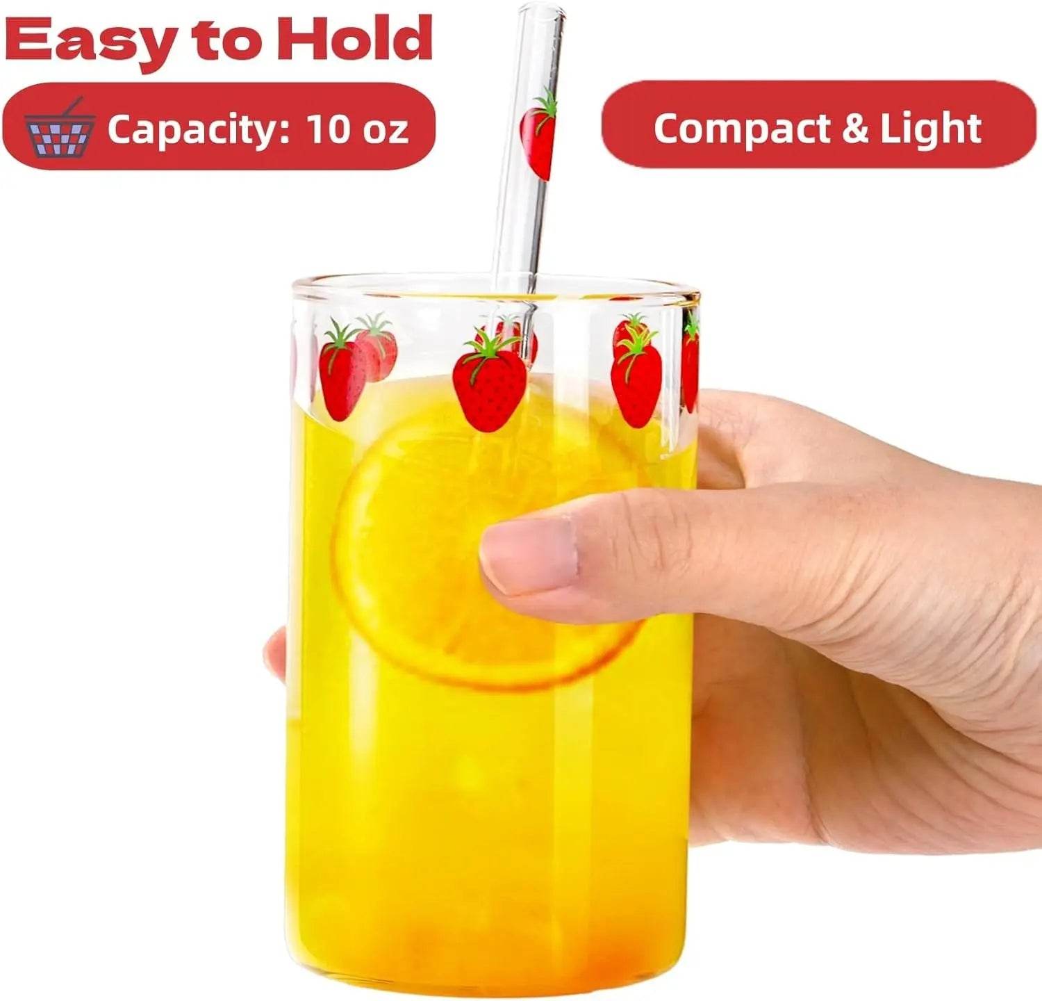 4 Sets Strawberry Cups, 300ML Clear Small Glass Strawberry Drinking Cups with 4 Pieces and Straws - Metromarketstore