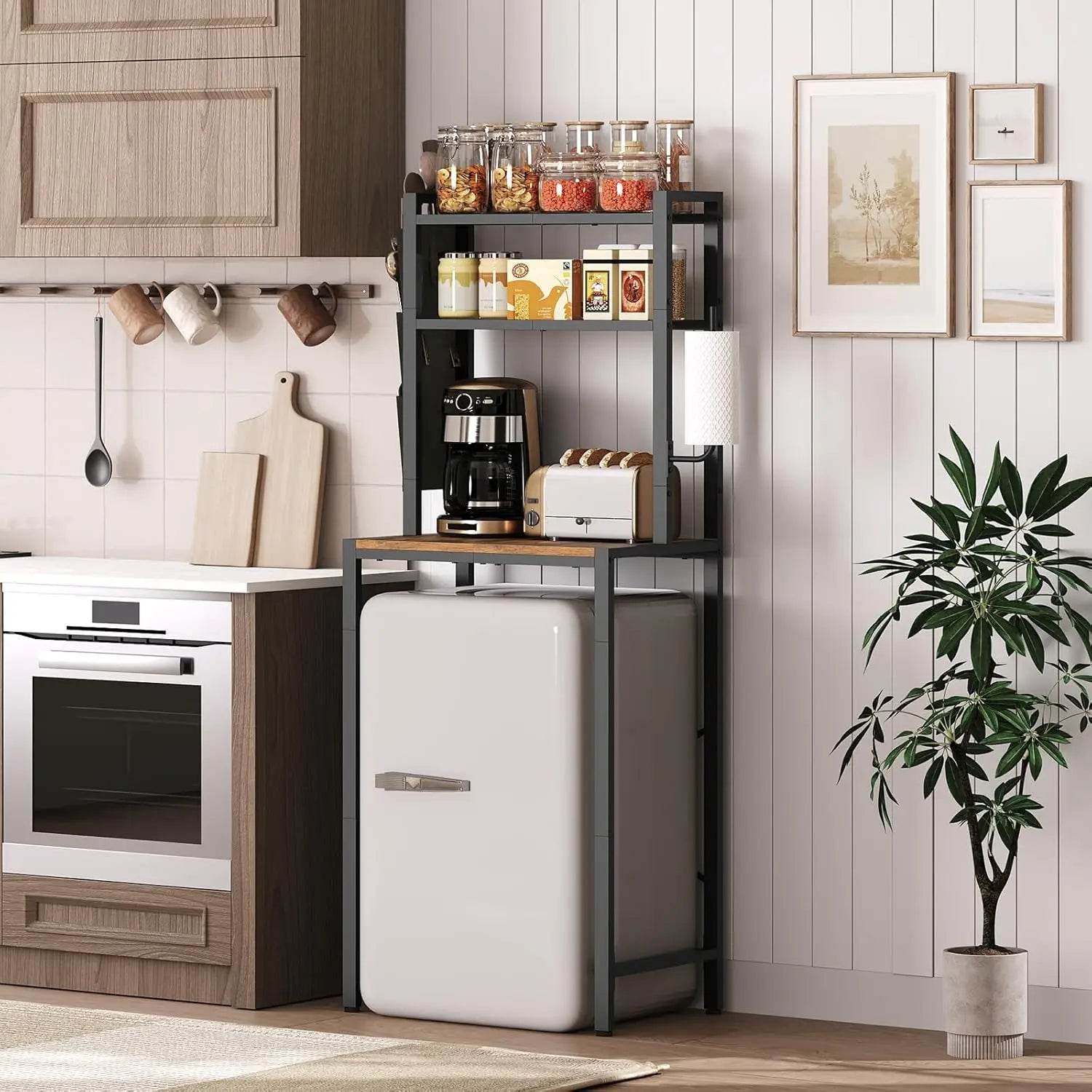 Bakers Rack with Mini Fridge Shelf, 3-Tier Microwave Stand, Coffee Bar Station with Paper Holder - Metromarketstore