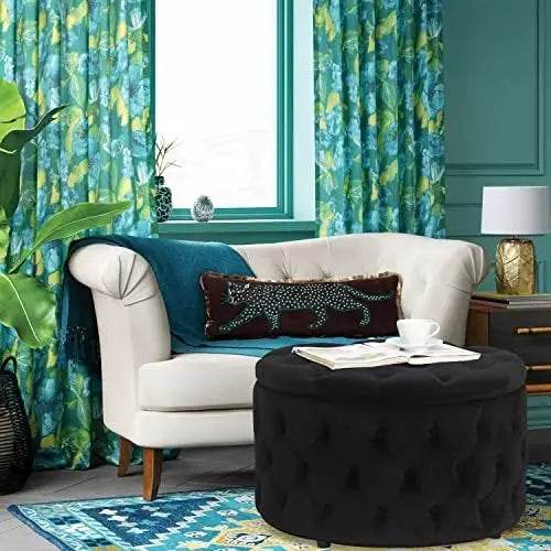Round Storage Ottoman, Button Tufted, Black - Metromarketstore