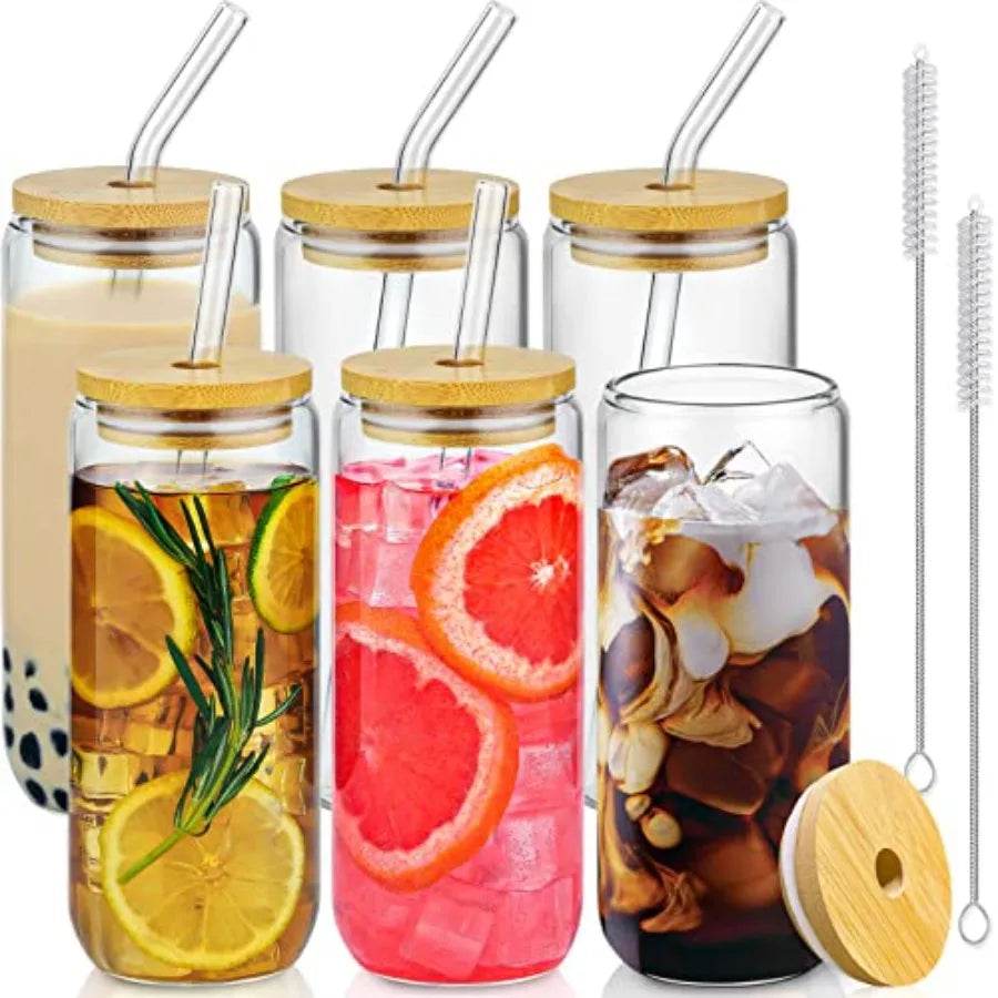 20 Oz Drinking Glasses with Bamboo Lids and Glass Straw 6 Pcs Set - Metromarketstore