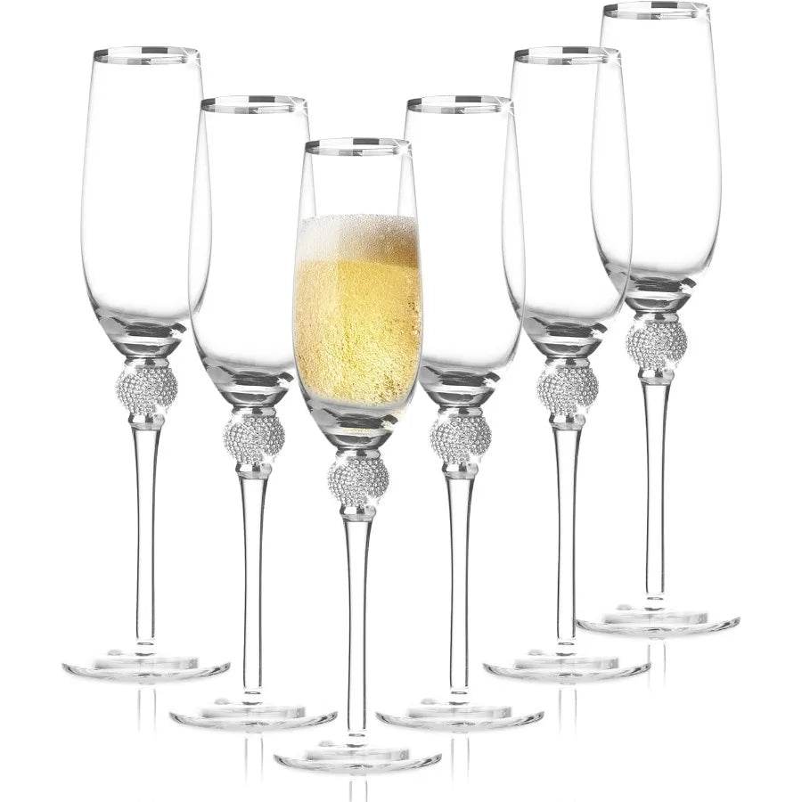 Elegant Crystal Champagne Flutes with Silver Rim and Sparkling Rhinestone Accents - Metromarketstore