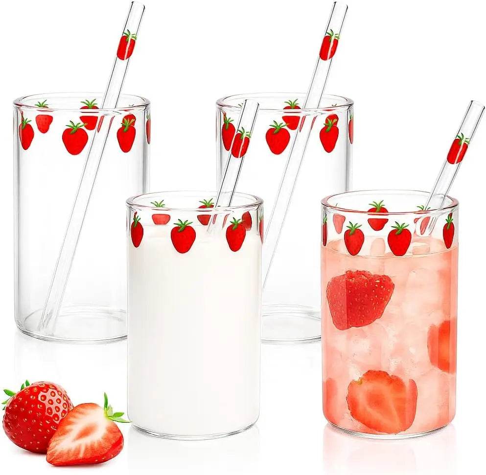 4 Sets Strawberry Cups, 300ML Clear Small Glass Strawberry Drinking Cups with 4 Pieces and Straws - Metromarketstore