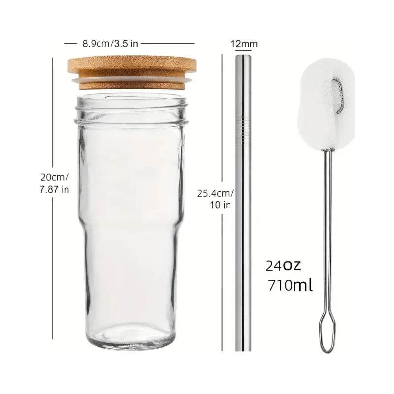 2pcs 24oz Reusable Iced Coffee Cups, Wide Mouth Glass with Bamboo Lid and Straw, Mason Jar - Metromarketstore