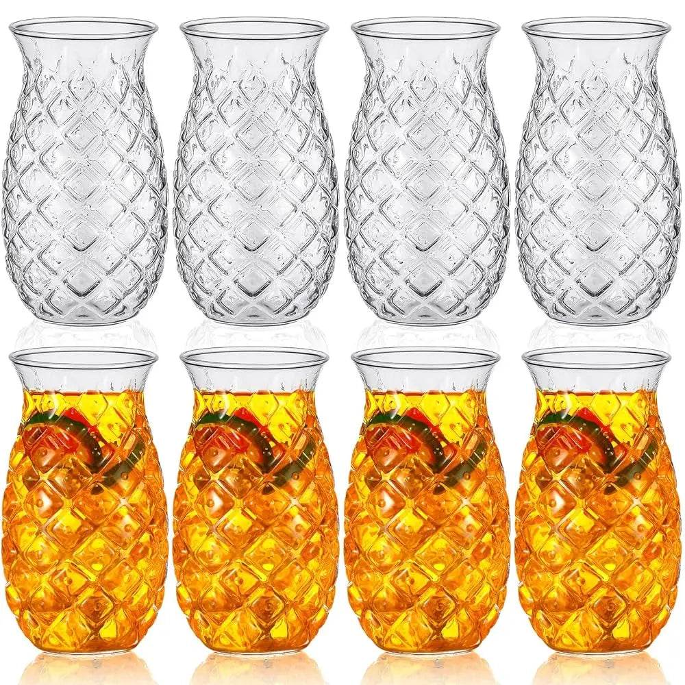 Set Of 8 Tiki Pineapple Glasses 17 Oz Retro Relief Cups - Metromarketstore
