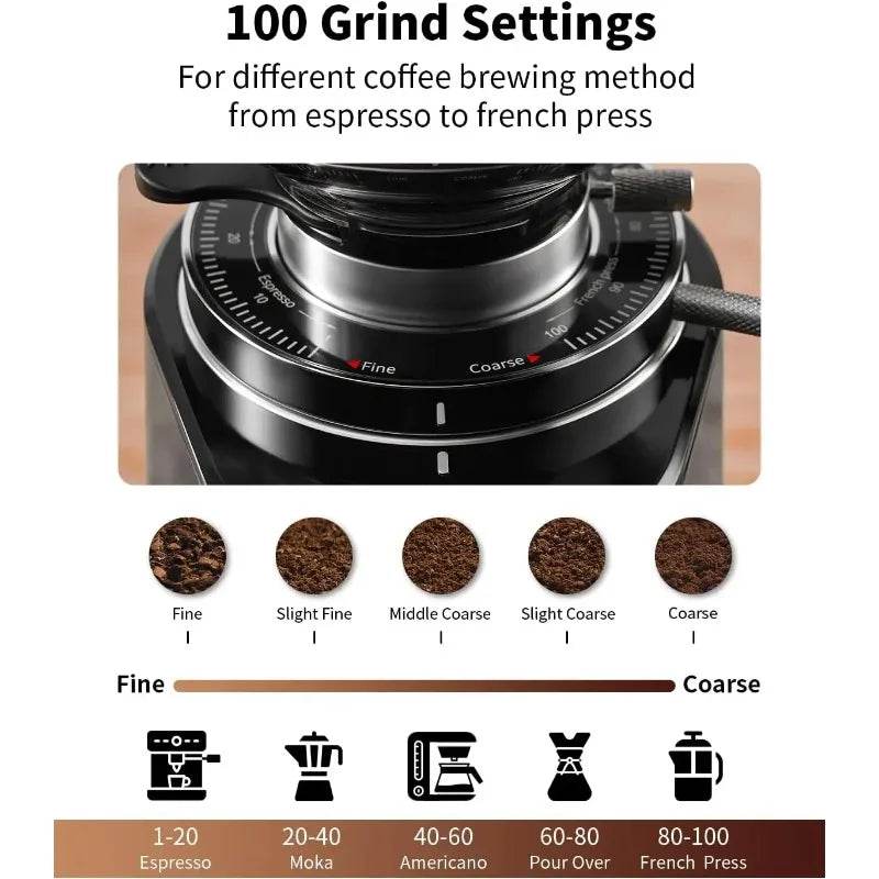 100 Grind Settings and All-Metal Chamber Coffee Bean Grinder Professional 64mm Burr Coffee Grinde - Metromarketstore