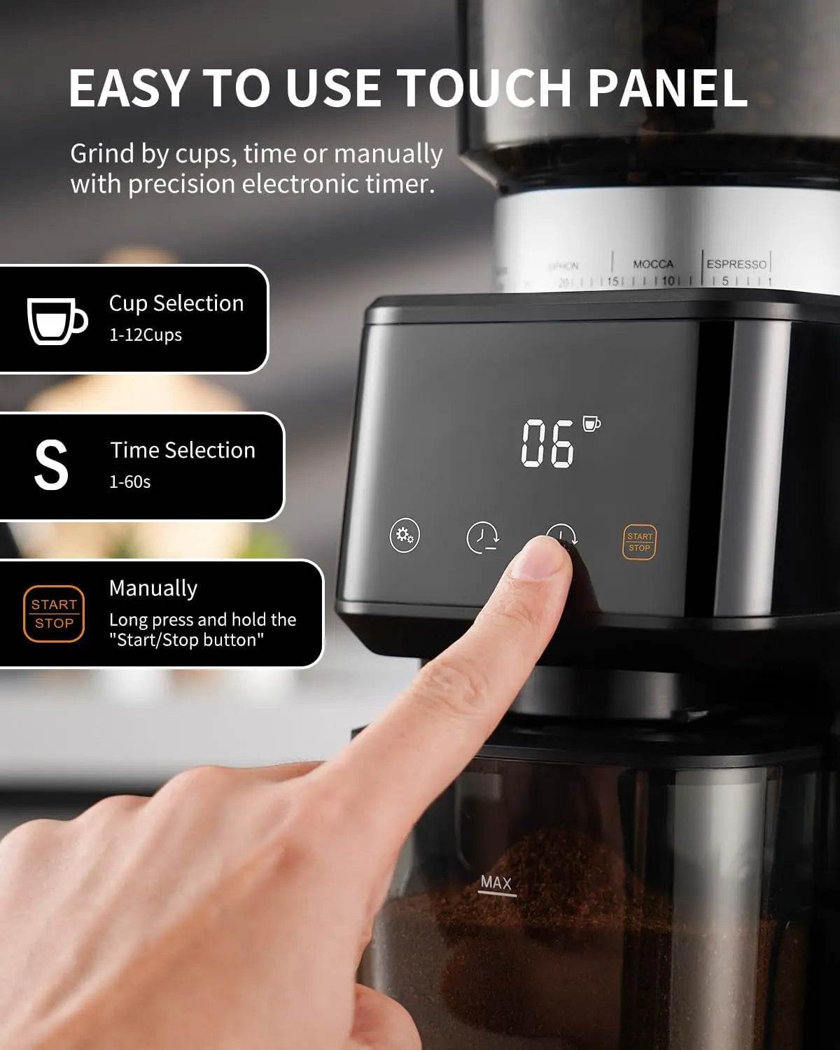 Conical Burr Espresso Coffee Grinder Electric with Precision Timer 2.0,Touchscreen Adjustable Burr Mill with 51 Precise Settings - Metromarketstore