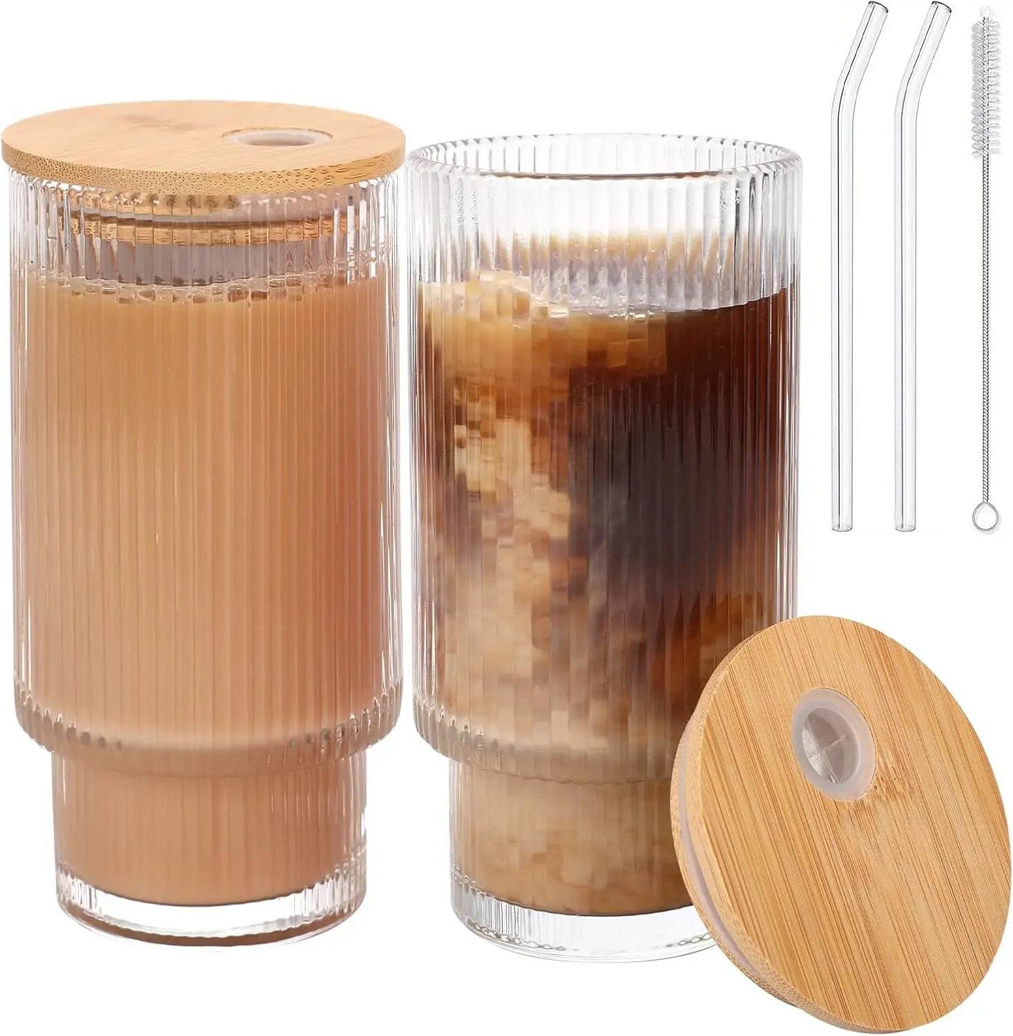Glass Cups with Bamboo Lids and Straws - 16 oz Iced Coffee Cups - Metromarketstore