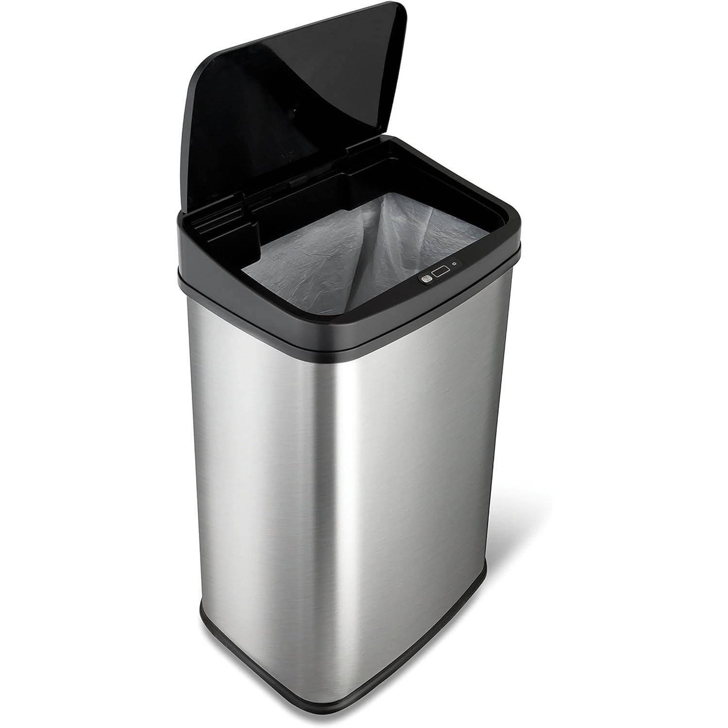 Silver/Black 13-Gallon Stainless Steel Kitchen Trash Can with Motion Sensor Lid - Metromarketstore