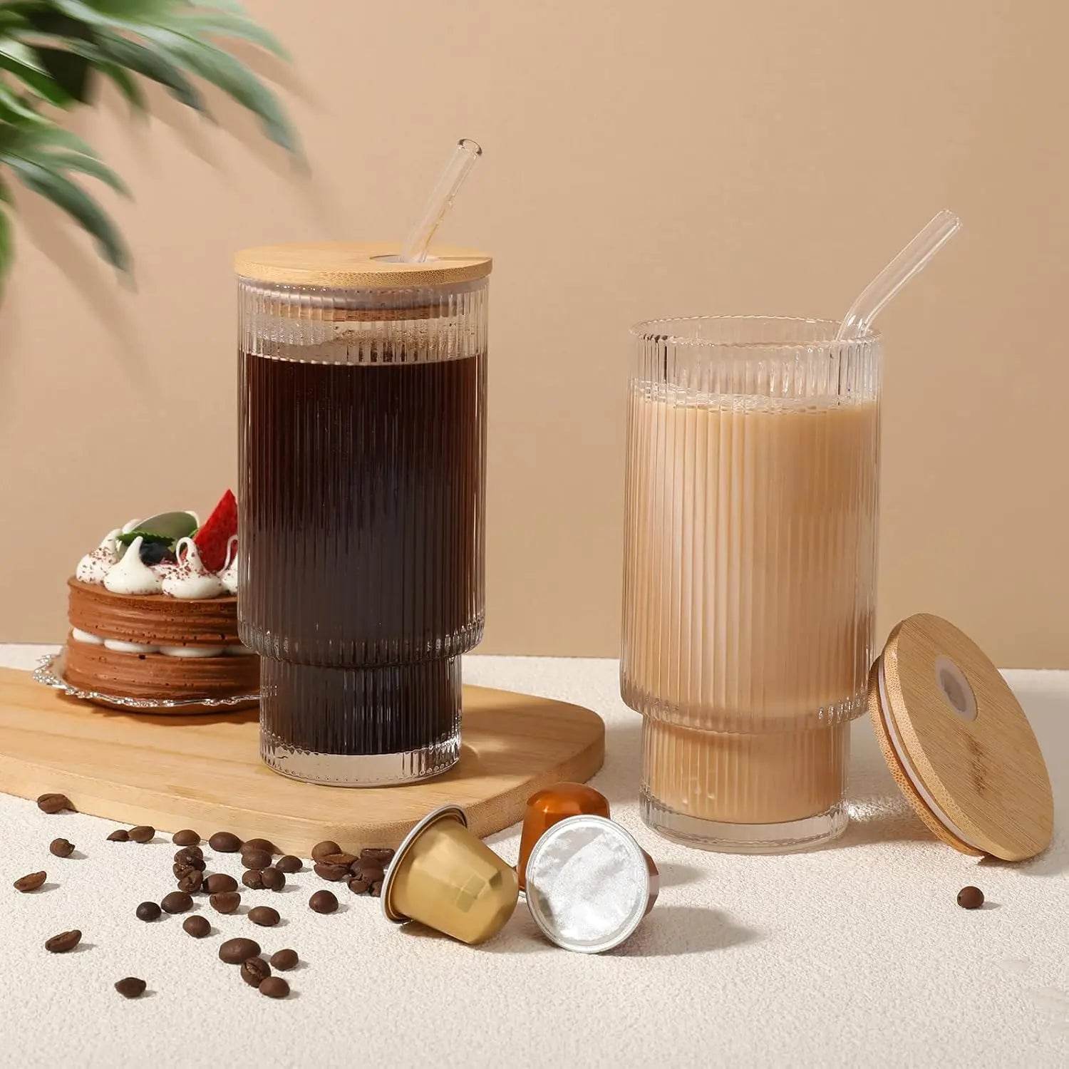 Glass Cups with Bamboo Lids and Straws - 16 oz Iced Coffee Cups - Metromarketstore