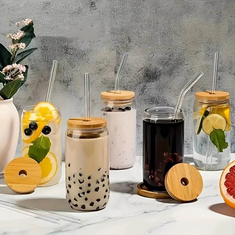 6pcs 18.6oz/550ml Drinking Glasses with Bamboo Lids and Glass Straw - Metromarketstore