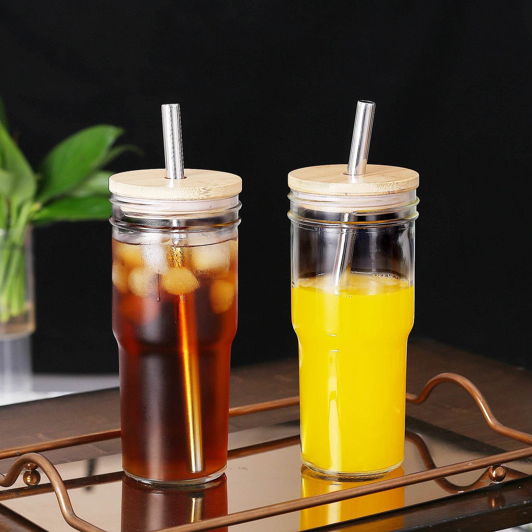 2pcs 24oz Reusable Iced Coffee Cups, Wide Mouth Glass with Bamboo Lid and Straw, Mason Jar - Metromarketstore