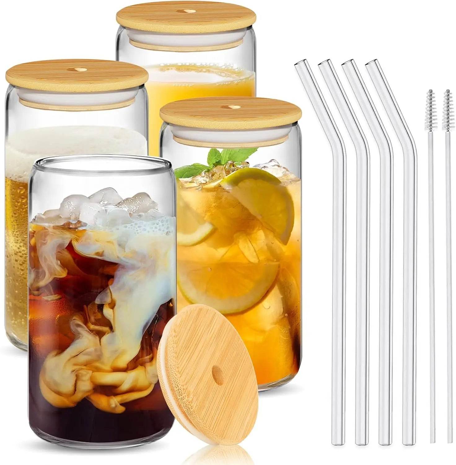 4Pcs Glass Cups with Bamboo Lids and Glass Straws Set-16oz - Metromarketstore