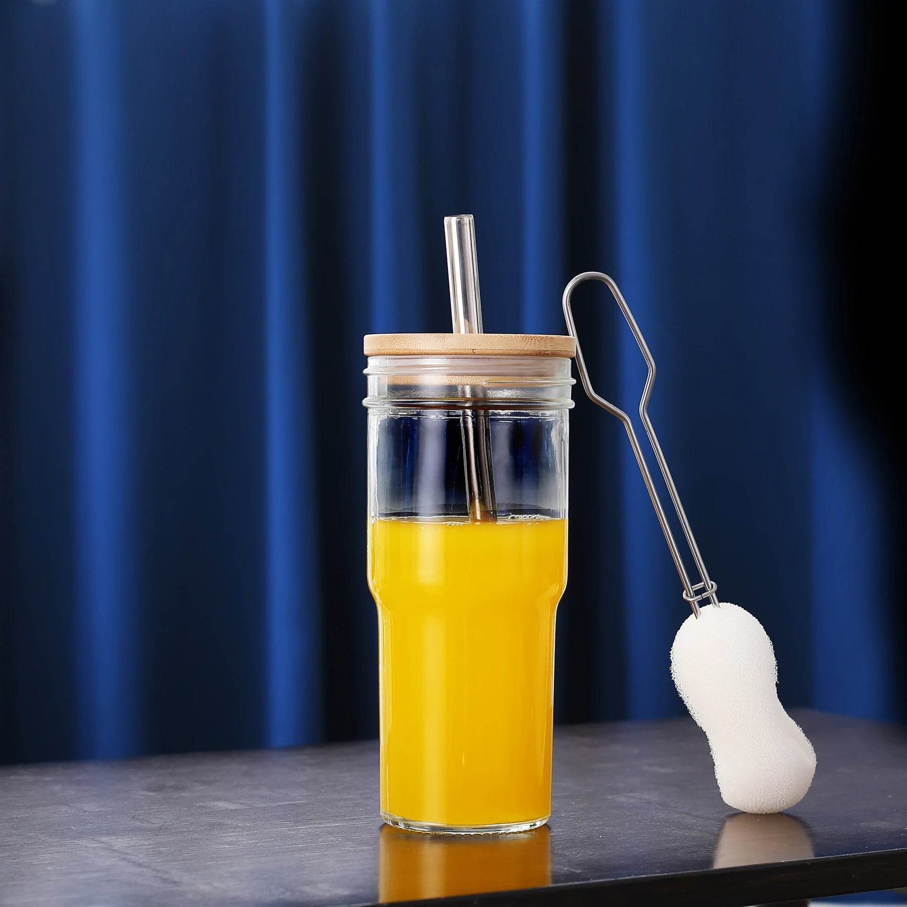 2pcs 24oz Reusable Iced Coffee Cups, Wide Mouth Glass with Bamboo Lid and Straw, Mason Jar - Metromarketstore