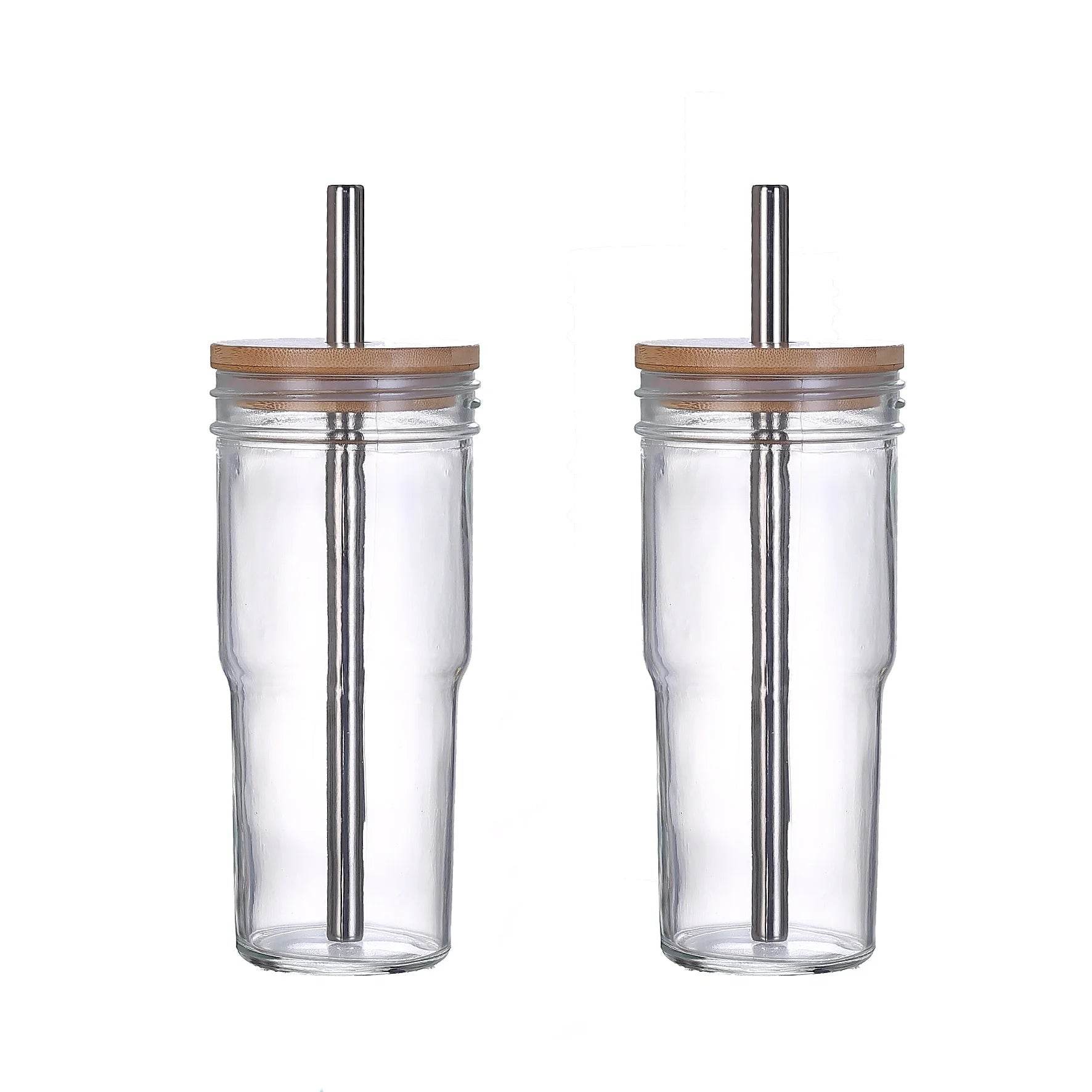 2pcs 24oz Reusable Iced Coffee Cups, Wide Mouth Glass with Bamboo Lid and Straw, Mason Jar - Metromarketstore