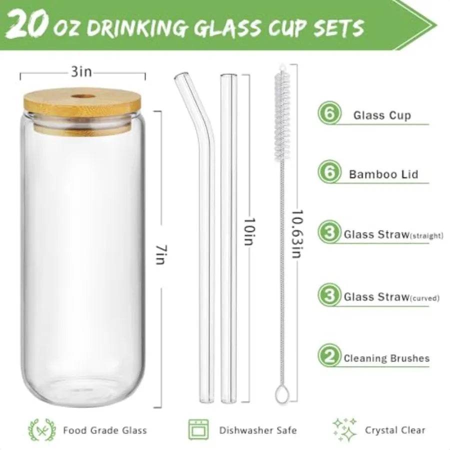 20 Oz Drinking Glasses with Bamboo Lids and Glass Straw 6 Pcs Set - Metromarketstore