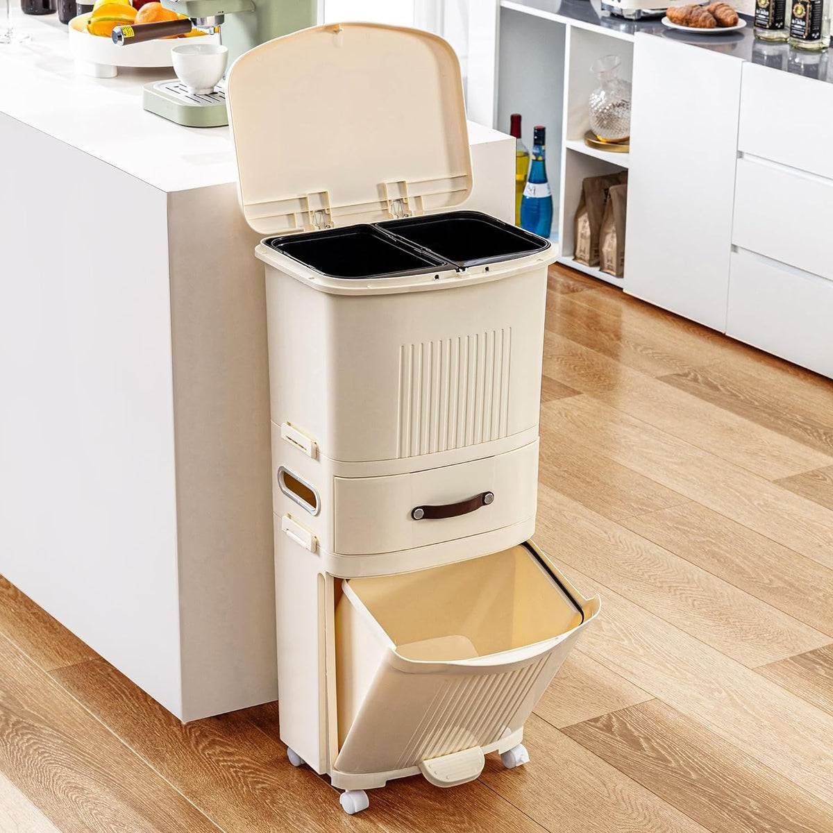 12-Gallon Elevated Trash Can Recycle Bin with Lid on Wheels in Cream - Metromarketstore